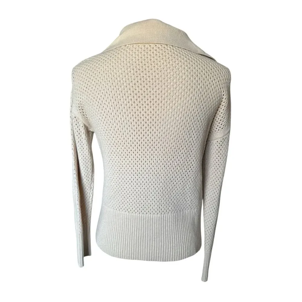 Women's Small Half‎ Zip Pullover Sweater Crochet Lapel Collar Long Sleeve Beige
